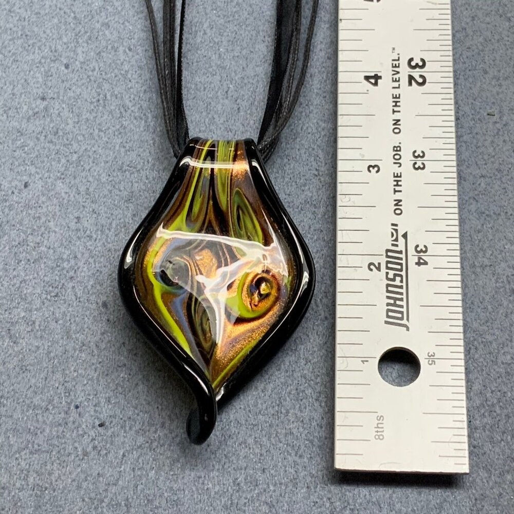 Swirled Glass Pendant Necklace 18 In Black Ribbon Flame Green Copper Glitter - Picture 4 of 6